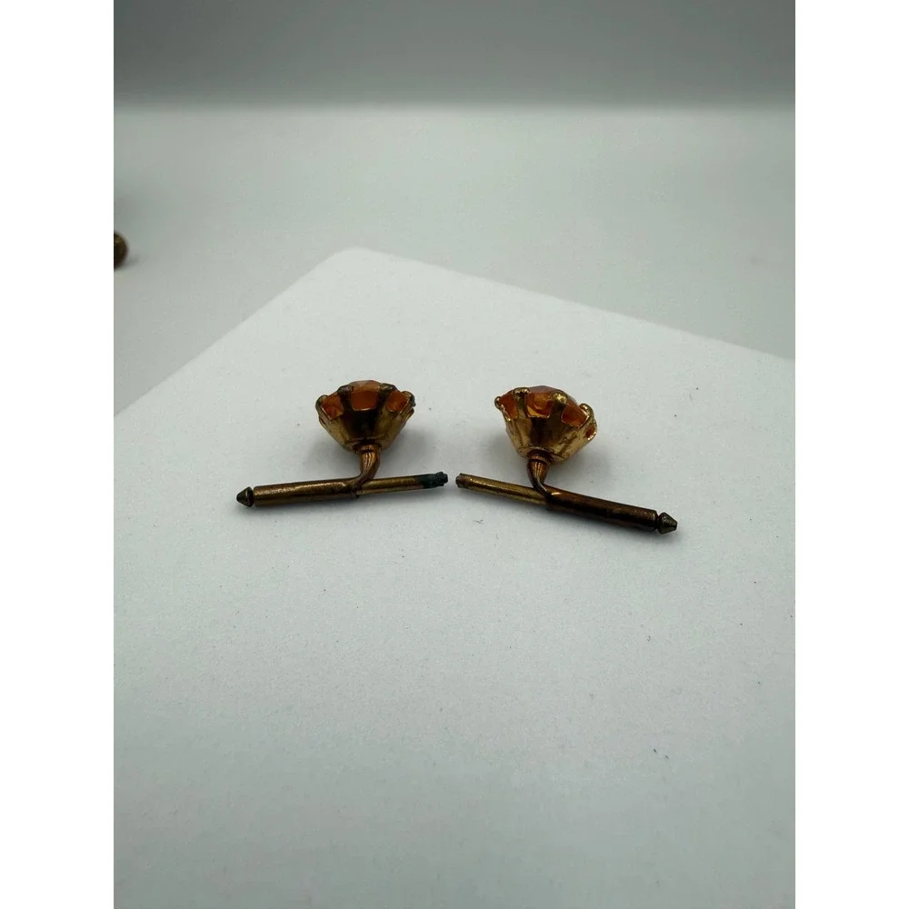 Vintage Amber Glass Stone Cufflinks Bronze Tone Round Faceted T-Bar Mens Jewelry